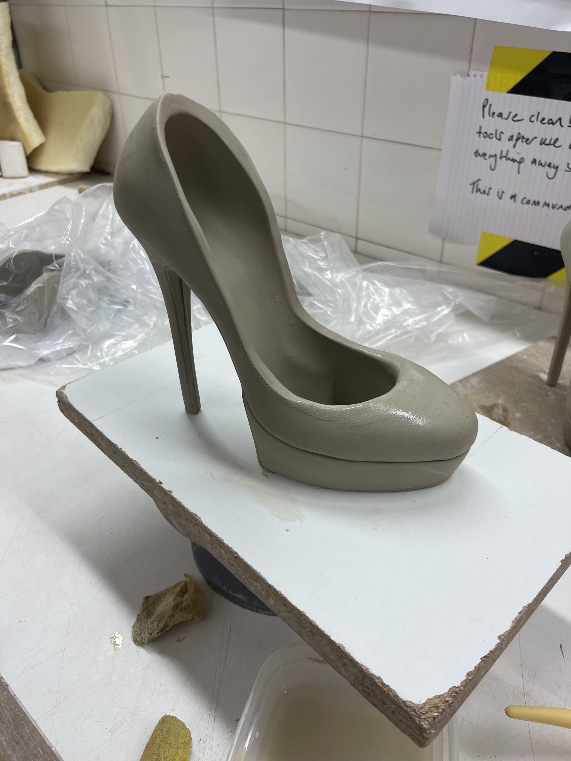 First slip cast shoe using white earthenware slip. 