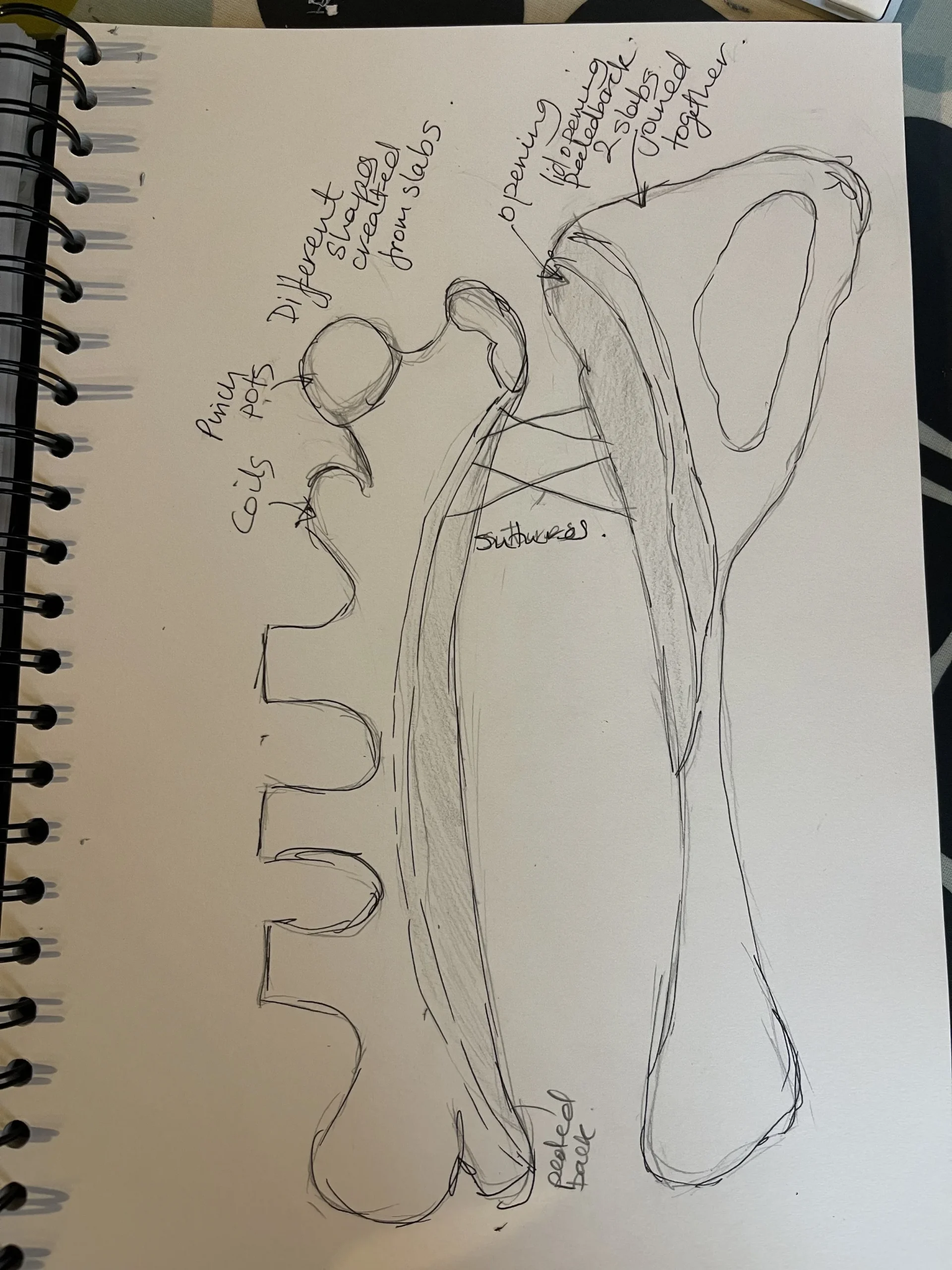  I have explored the bone structure shape exploring how to add to slabs using a coil pot and coils to add decorations. The lid is skin pulled back with sutures holding the bone like  forms together. Inside the bone shaped forms are medically related instruments that each hold childhood memories. 